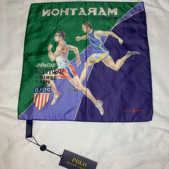 NWT Rare Hand Made 100% Silk Polo Ralph Lauren Marathon Sport Pocket Square - Picture 8 of 9